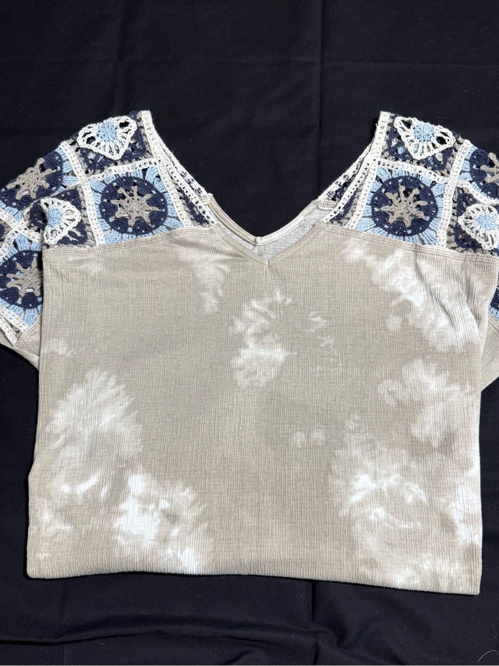 Cato Taupe Tie-Dye Top with Blue Crochet Sleeves